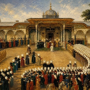 May include: An oil painting depicting a large gathering of figures in traditional Ottoman attire, including soldiers in yellow uniforms and officials in turbans, assembled in a stone courtyard before an ornate pavilion with a central dome.