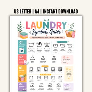 Puede incluir: Una guía de símbolos de lavandería con ilustraciones y texto coloridos. La guía incluye instrucciones de lavado, blanqueo, secado y planchado. La parte superior de la guía dice "LAUNDRY Symbols Guide". La guía es una descarga instantánea de US Letter y A4.