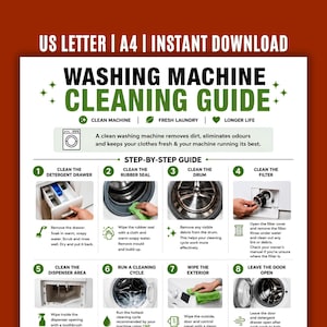 Könnte beinhalten: Ein weißes Informationsblatt mit der Überschrift Washing Machine Cleaning Guide in grüner und schwarzer Schrift. Es enthält acht nummerierte Schritte mit Fotos zur Reinigung der Waschmittelschublade, der Gummidichtung, der Trommel und des Filters.