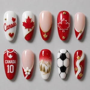 Unhas postiças da Seleção Canadense de Futebol, conjunto de unhas com folha de bordo vermelha e branca, unhas de futebol canadense, unhas postiças esportivas feitas à mão, presente para fãs do Canadá