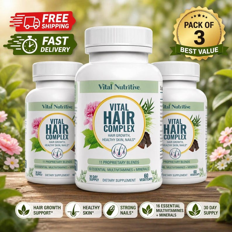 May include: Three white supplement bottles with green and pink labels. The labels read "Vital Hair Complex" and highlight hair growth, healthy skin, and nails. The image also includes text that says "11 Proprietary Blends" and "16 Essential Multivitamins + Minerals."