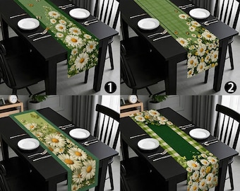 Green Daisy Butterfly Plaid Table Runner | Cottagecore Spring Table Flag Pastoral Floral Dining Decor Home Accent