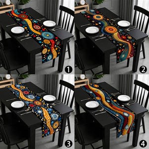 May include: Four images of a black dining table set with a colourful table runner. The runner has an abstract design with a central wavy pattern in shades of orange, blue, and red, with circular and dot motifs. White plates and silverware are set.