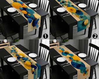 Abstract Blue Yellow Circle Table Runner, Modern Minimal Dot Art Dining Decor, Fresh Geometric Table Linen