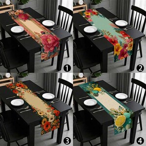 May include: Four table runners with floral designs are shown on black tables. Each runner has a different colour scheme and floral pattern, including peonies, hibiscus, and other flowers. The runners are rectangular and designed to decorate a dining table.