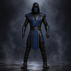 May include: A full-body costume featuring a dark blue and black hooded tunic with matching shoulder armor, forearm guards, and a belt. The ensemble includes a blue face mask with glowing white eyes, black trousers, and black boots, creating a complete set.