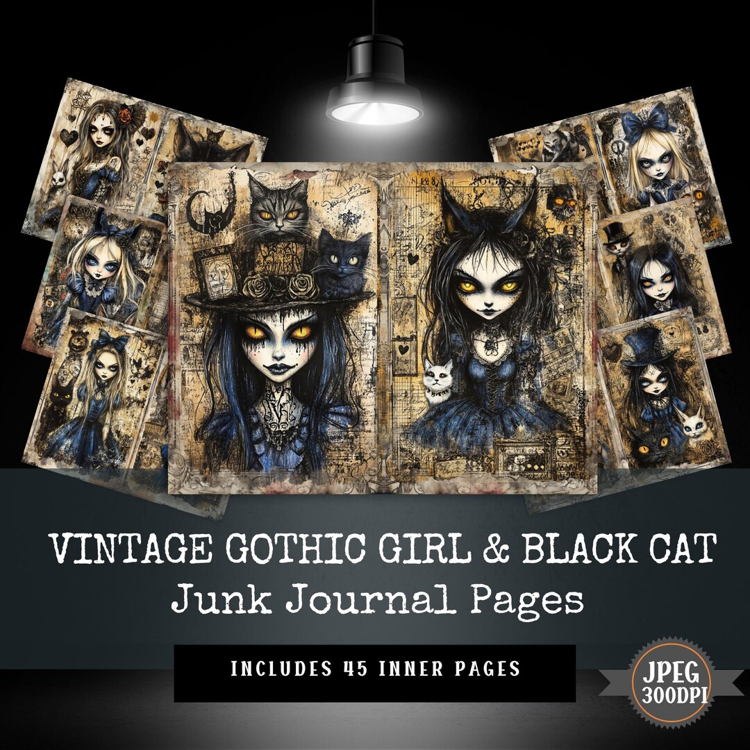 Gothic Girl Black Cat Junk Journal Pages, Victorian Ephemera Collage ...