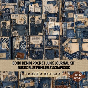 Könnte beinhalten: Ein digitales Junk-Journal-Set mit blauen Denim-Texturen, Taschen und Papier-Ephemera im Vintage-Stil. Die Sammlung enthält verschiedene gemusterte Anhänger, Spitzenakzente und Blumenillustrationen. Text: BOHO DENIM POCKET JUNK JOURNAL KIT.
