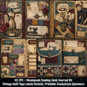 May include: A digital junk journal kit featuring vintage sewing-themed ephemera, including quilt patterns, dress forms, sewing machines, lace, and floral motifs in a rich palette of burgundy, teal, and cream with text like A Seamstress Memories.