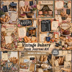 May include: A digital junk journal kit featuring a collage of bakery-themed imagery, including bread baskets, cakes, menu boards, recipe cards, and vintage-style illustrations with the text Vintage Bakery Junk Journal Kit and 70 inner pages.