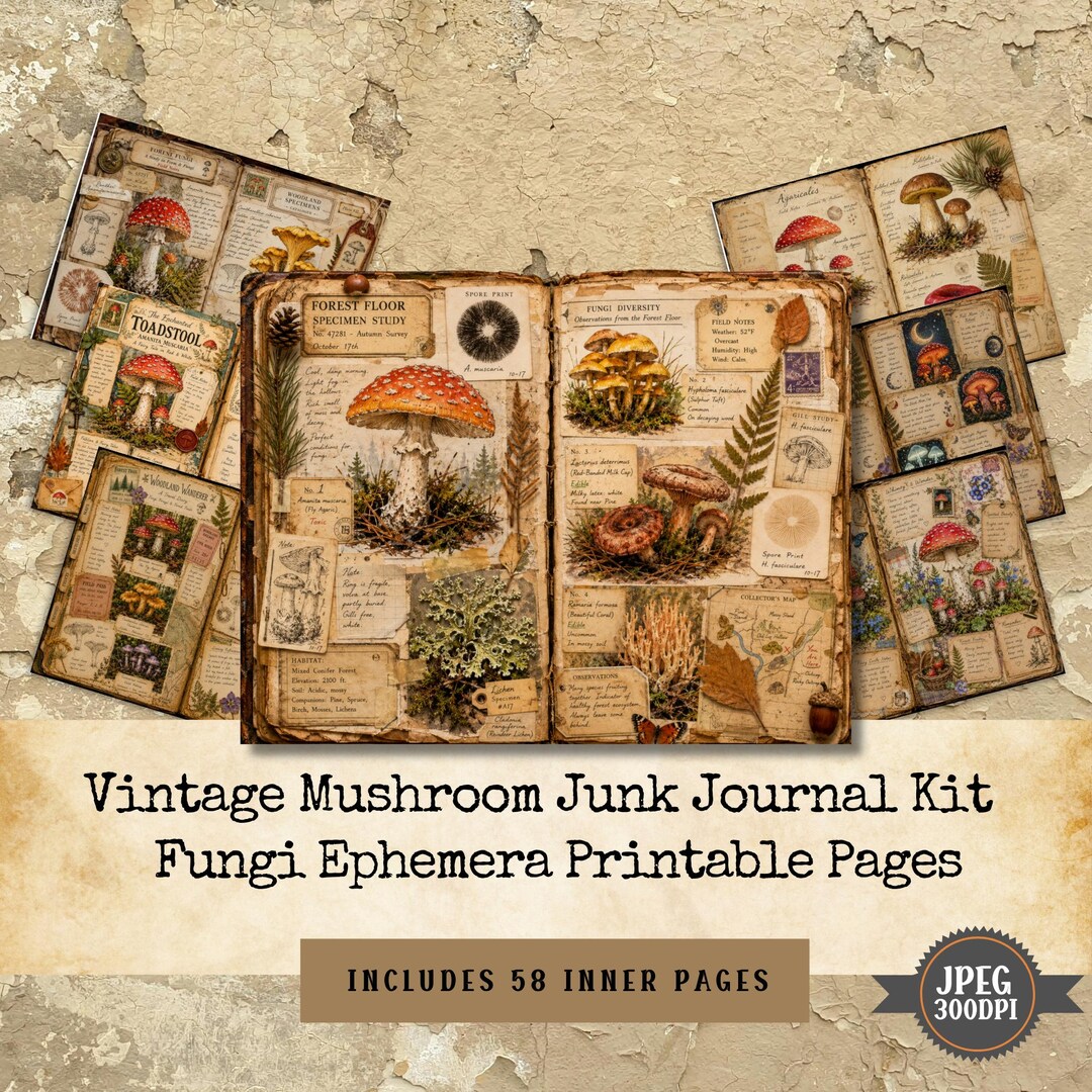 Vintage Mushroom Junk Journal Kit, Fungi Ephemera Printable Pages ...