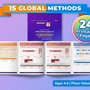 May include: A set of educational math worksheets titled Little Math Explorers, featuring 15 Global Methods and 24 printable pages for ages 4-6. The pages display place value exercises, number counting, and visual representations of numbers 11 through 17.