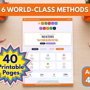 May include: A maths workbook for ages 4-5 with 40 printable pages, featuring 6 world-class methods. The workbook includes beginner, intermediate, and advanced levels. Coloured pencils surround the workbook.
