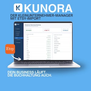 Può includere: Un computer portatile che mostra l'interfaccia del software Kunora per la contabilità delle piccole imprese con importazione Etsy. Lo schermo visualizza dati finanziari, riepiloghi di entrate e uscite, su uno sfondo azzurro.