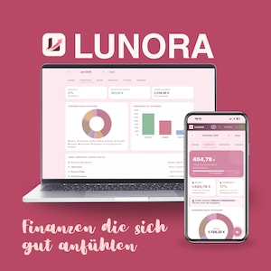 Könnte beinhalten: Ein Laptop und ein Smartphone zeigen Finanzdaten vor einem weinroten Hintergrund. Der Laptop zeigt Diagramme und Zahlen, während das Telefon eine Finanzübersicht mit dem Text "Lunora" anzeigt. Das Bild enthält den Text "Finanzen die sich gut anfühlen".