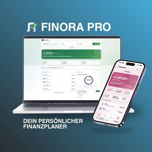 Könnte beinhalten: Ein Laptop und ein Smartphone mit der Finanzmanagement-Oberfläche Finora Pro. Die Bildschirme zeigen Daten-Dashboards in Grün- und Rosatönen mit Diagrammen, Transaktionslisten sowie dem Text Finora Pro und Dein persönlicher Finanzplaner.