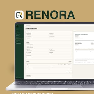 Puede incluir: Un portátil que muestra el logotipo "RENORA" y un formulario de factura detallado. La pantalla tiene una barra lateral verde y un fondo blanco con texto negro. La frase "Einfach Rechnungen Erstellen" está en la parte inferior.