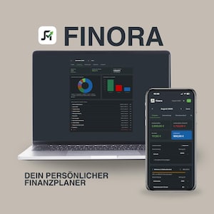Può includere: Un laptop e uno smartphone che mostrano l'interfaccia dell'app Finora. Il laptop mostra dati finanziari con grafici. Lo smartphone mostra riepiloghi dei conti. Il testo "DEIN PERSÖNLICHER FINANZPLANER" è visibile.