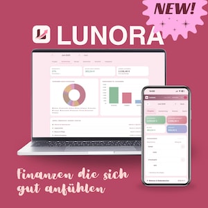 May include: A laptop and smartphone showcase the Lunora financial app interface. The laptop displays charts and data, while the phone shows a detailed breakdown of expenses. The background is a deep pink with the word "NEW!" in a pink starburst.