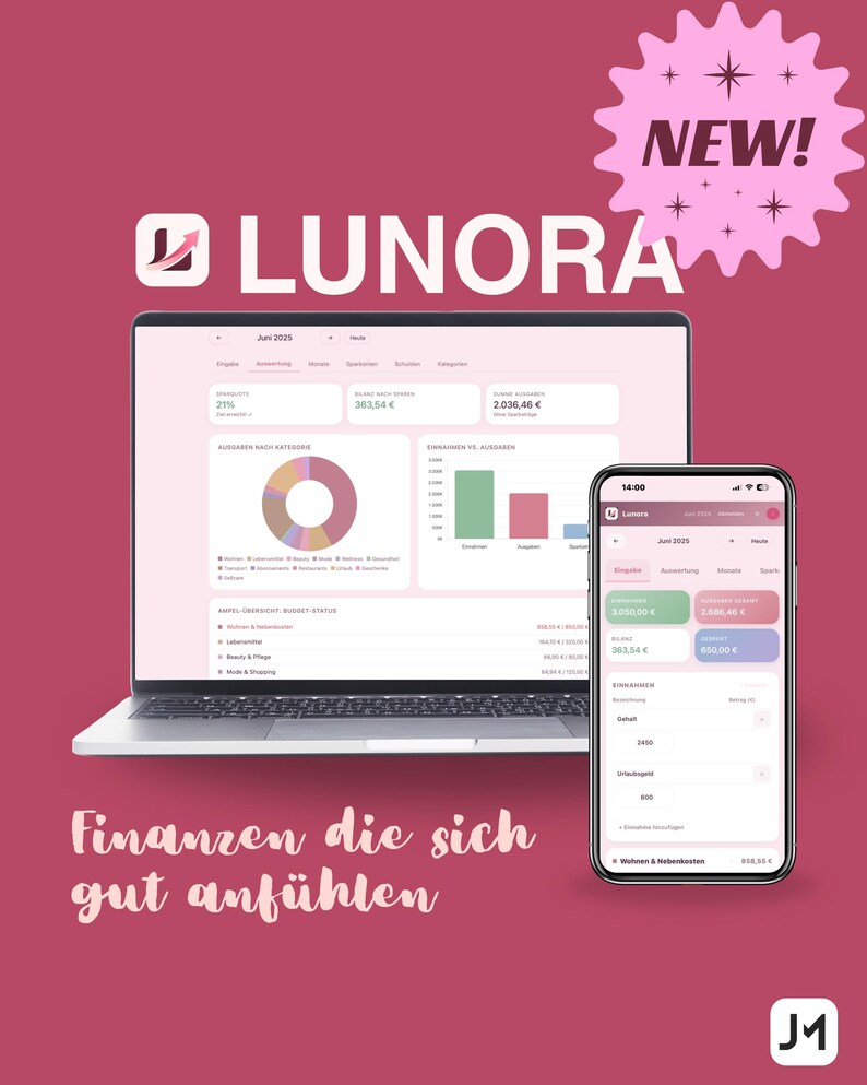 May include: A laptop and smartphone showcase the Lunora financial app interface. The laptop displays charts and data, while the phone shows a detailed breakdown of expenses. The background is a deep pink with the word "NEW!" in a pink starburst.
