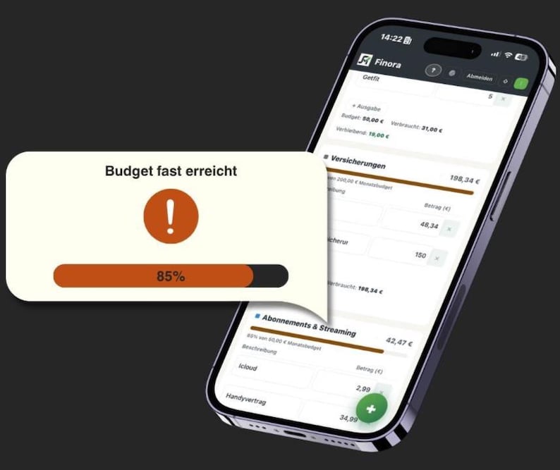 May include: A smartphone screen showing a finance app interface with a warning message: "Budget fast erreicht" (Budget almost reached). The screen displays spending details and a progress bar at 85%.