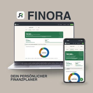 Könnte beinhalten: Ein Laptop und ein Smartphone zeigen die Finora App-Oberfläche. Die App zeigt Finanzdaten mit Diagrammen, darunter ein Guthaben von 767,92€ und Ausgaben von 1.832,08€. Der Text "DEIN PERSÖNLICHER FINANZPLANER" ist ebenfalls sichtbar.