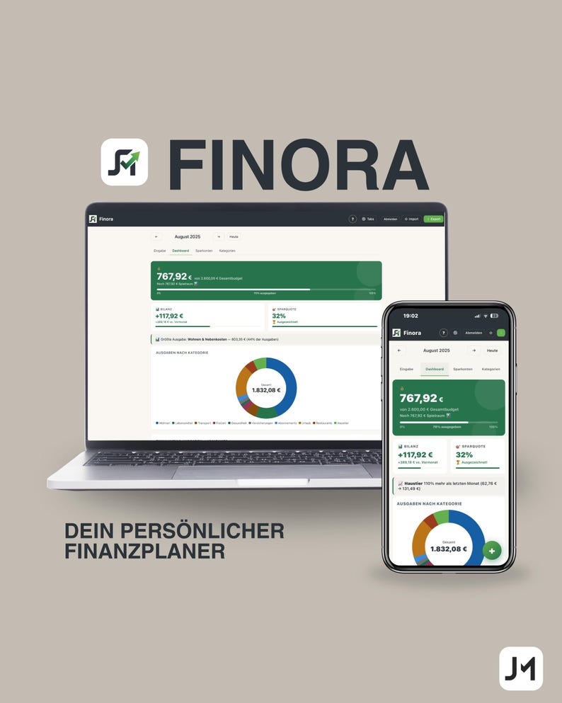 May include: A laptop and smartphone showcasing the Finora app interface, displaying financial data with charts and graphs. The app shows a balance of 767.92&euro; and spending of 1,832.08&euro;. The text "DEIN PERS&Ouml;NLICHER FINANZPLANER" is also visible.