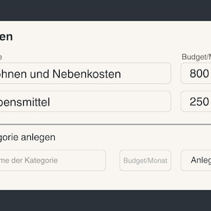 May include: A digital interface with the German word "Kategorien" at the top. It displays budget categories: "Wohnen und Nebenkosten" with a budget of 800&euro; and "Lebensmittel" with a budget of 250&euro;. There is also a section to add a new category.