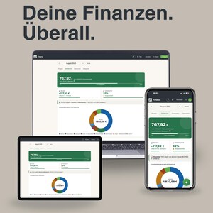 May include: An advertisement for the Finora app, displayed on a laptop, tablet, and smartphone. The screens show financial data with green and white interfaces, including charts and figures. The text "Deine Finanzen. &Uuml;berall." is displayed above the devices, with additional text at the bottom.