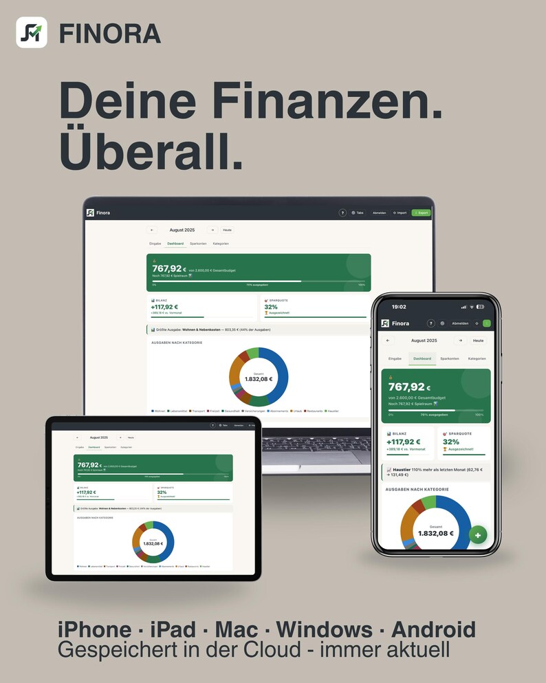 May include: An advertisement for the Finora app, displayed on a laptop, tablet, and smartphone. The screens show financial data with green and white interfaces, including charts and figures. The text "Deine Finanzen. &Uuml;berall." is displayed above the devices, with additional text at the bottom.