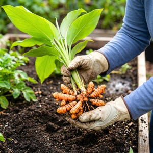 May include: A freshly harvested turmeric plant with bright green leaves and a cluster of orange-yellow rhizomes. The plant is held by two hands wearing tan leather gardening gloves, showing the roots covered in dark soil after being pulled from the ground.