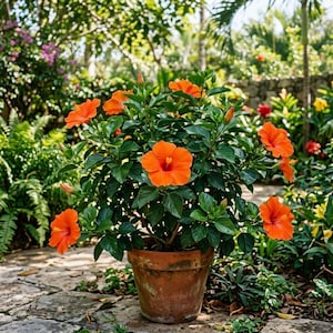 May include: A potted hibiscus plant featuring multiple vibrant orange flowers with prominent central stamens and deep green, glossy, serrated leaves. The plant is housed in a weathered, round terracotta pot with a textured, earthy brown surface.