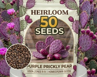 May include: A seed packet labeled "Heirloom 50 Seeds" for purple prickly pear cactus. The packet features a graphic of the plant with purple pads and fruits. A close-up shows the seeds. The background is a purple cactus garden.