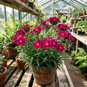 May include: A potted plant with vibrant magenta flowers and green foliage. The plant is in a terracotta pot, set on a wooden surface in a greenhouse setting. Other potted plants are visible in the background, creating a lush, botanical scene.