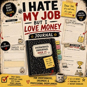 Puede incluir: Un diario con el texto "I Hate My Job But I Love Money" y "Overworked. Underpaid. Over It." está rodeado de notas relacionadas y una taza de café con una cara triste. El diario mide 21,6 x 27,9 cm.