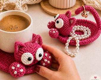 Katzenuntersetzer Häkelanleitung, süßes Katzenbecher-Muster, anfängerfreundlich, Sofort-Download, Amigurumi Katzenuntersetzer, Geschenkidee