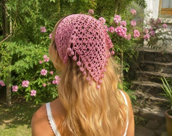 Rosa Bandana Muster für Frauen | Boho Kopftuch PDF | Trendiges Sommer Haarhalstuch | Festival häkeln Stirnband wickeln