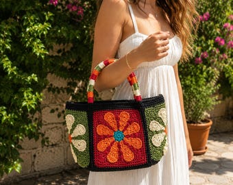 Trendige Häkeltasche mit Blumenmuster, farbenfrohe quadratische Handtasche im Oma-Stil (PDF), angesagte Sommertasche, digitale Häkelanleitung