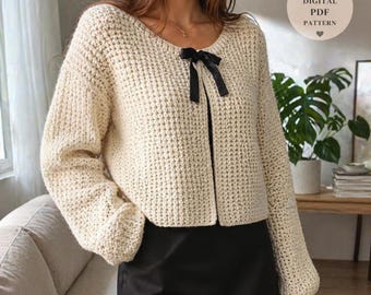 Cardigan Häkelanleitung PDF, Cremefarbene Strickjacke mit Schleife, Anfängerfreundlicher Pullover, Grobstrick Häkelanleitung, Instant Download