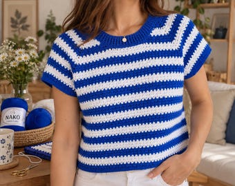 Häkelanleitung für ein Top (PDF), gestreiftes Sommer-Häkelshirt, Häkelanleitung für ein Top-Down-T-Shirt, Kurzarm-Häkeltop, einfache T-Shirt-Anleitung für Damen