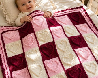 Häkelanleitung für eine Babydecke mit Herzmotiv, Popcorn-Herz-Decke (PDF), Häkelanleitung für eine Babydecke, Kinderzimmerdecke, Häkelgeschenk für Babys