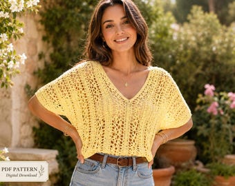 Gehäkelte Bluse mit V-Ausschnitt PDF, Openwork Sommer Top Häkelanleitung, Easy Boho Lace Shirt, Damen Handarbeit Digitaler Download