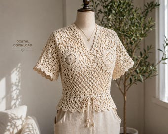 Häkeltop-Anleitung (PDF), Boho-Spitzenbluse, Sommer-Stricktop, einfach und anfängerfreundlich, digitaler Download, handgefertigtes Outfit
