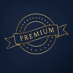 May include: A gold-colored seal with the word "PREMIUM" on a navy blue banner. The seal is circular with a dotted border and a gold ribbon. The background is a solid navy blue.