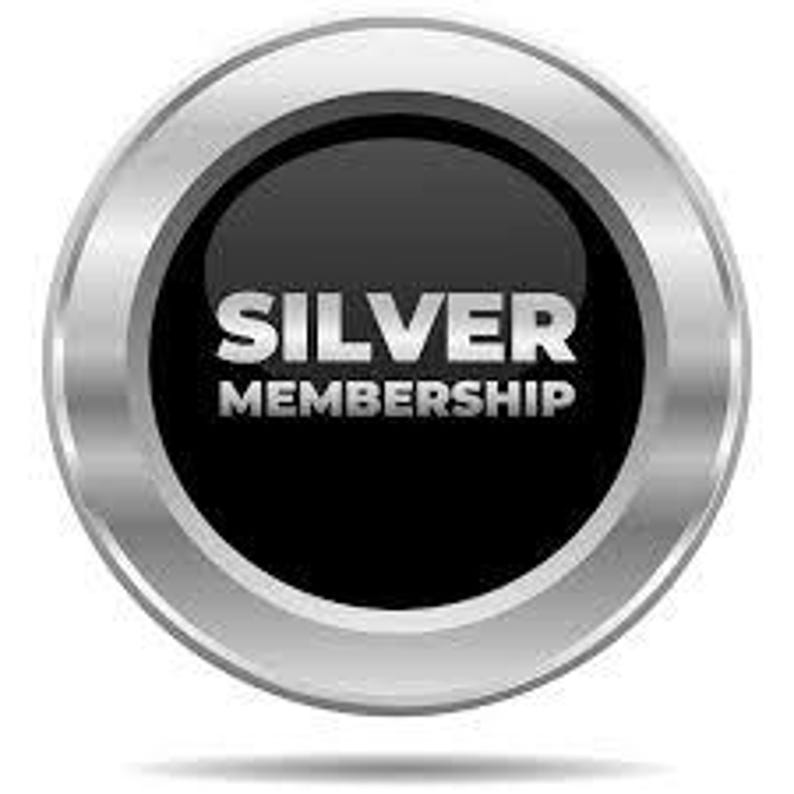 May include: A silver-colored, circular button with a black center. The text "SILVER MEMBERSHIP" is displayed in white, bold letters. The button has a metallic, reflective border and a slight shadow.