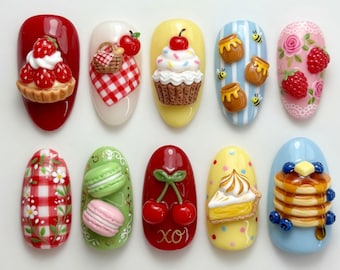 Handmade 3D Dessert Press On Nails Cute Picnic Food Nails Strawberry Tart Cupcake Macaron Pancake Honey Bee Nails Cottagecore Kawaii Gift