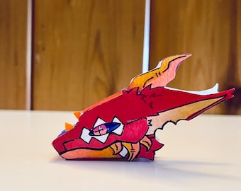 Burattino drago in miniatura - Burattino da dito di carta - Blu e rosso - Oggetto fisico