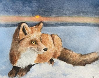 Handgemachtes Aquarell Fuchs Bild von einem Rotfuchs im Schnee, 13 cm mal 19 cm