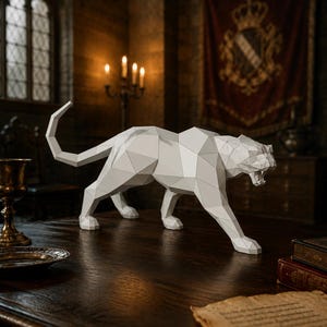 May include: A white geometric sculpture of a prowling panther with a faceted, low-poly surface design. The figure is depicted in a dynamic walking pose with its mouth open, showcasing sharp angular planes that form the body, tail, and head.