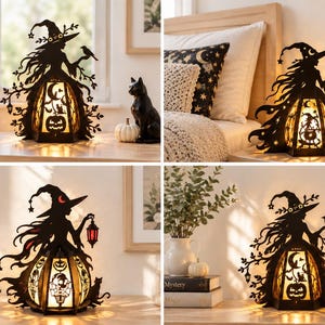 May include: A black laser-cut wooden witch lamp featuring intricate silhouettes of a witch, a pumpkin, a cat, and celestial motifs. The lamp emits a warm internal glow, highlighting the detailed cutouts of the witch's dress and accessories.
